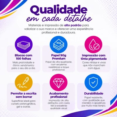 Qualidade do papel e da impressão: 100 folhas por bloco, papel 90g premium, tinta pigmentada resistente à água