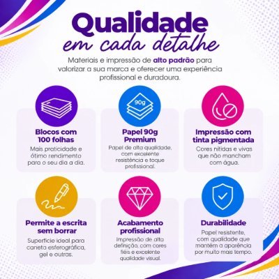 Qualidade do papel e da impressão: 100 folhas por bloco, papel 90g premium, tinta pigmentada resistente à água