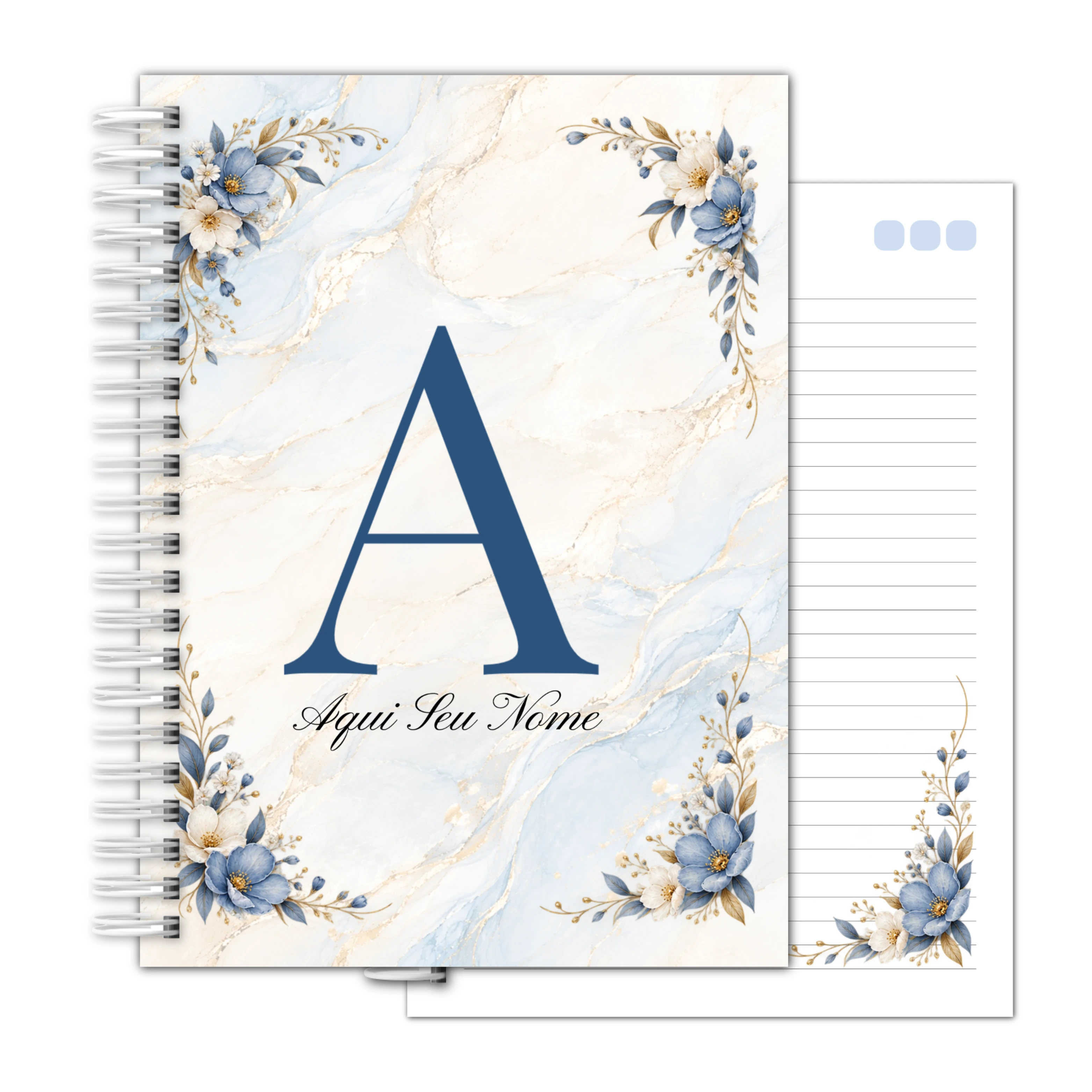 Caderno Universitário Floral Com letra e nome azul