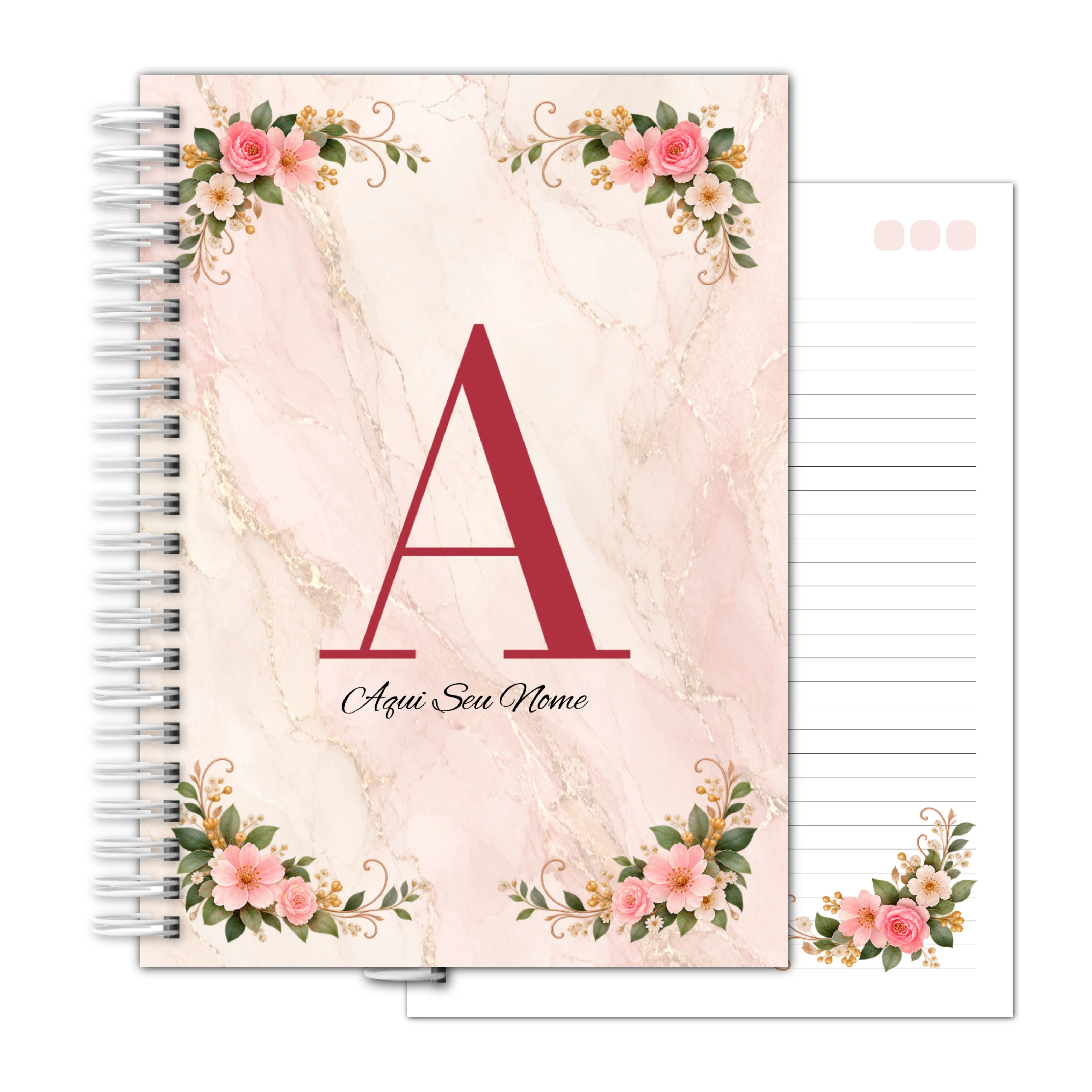 Caderno Universitário Personalizado Floral Rosa