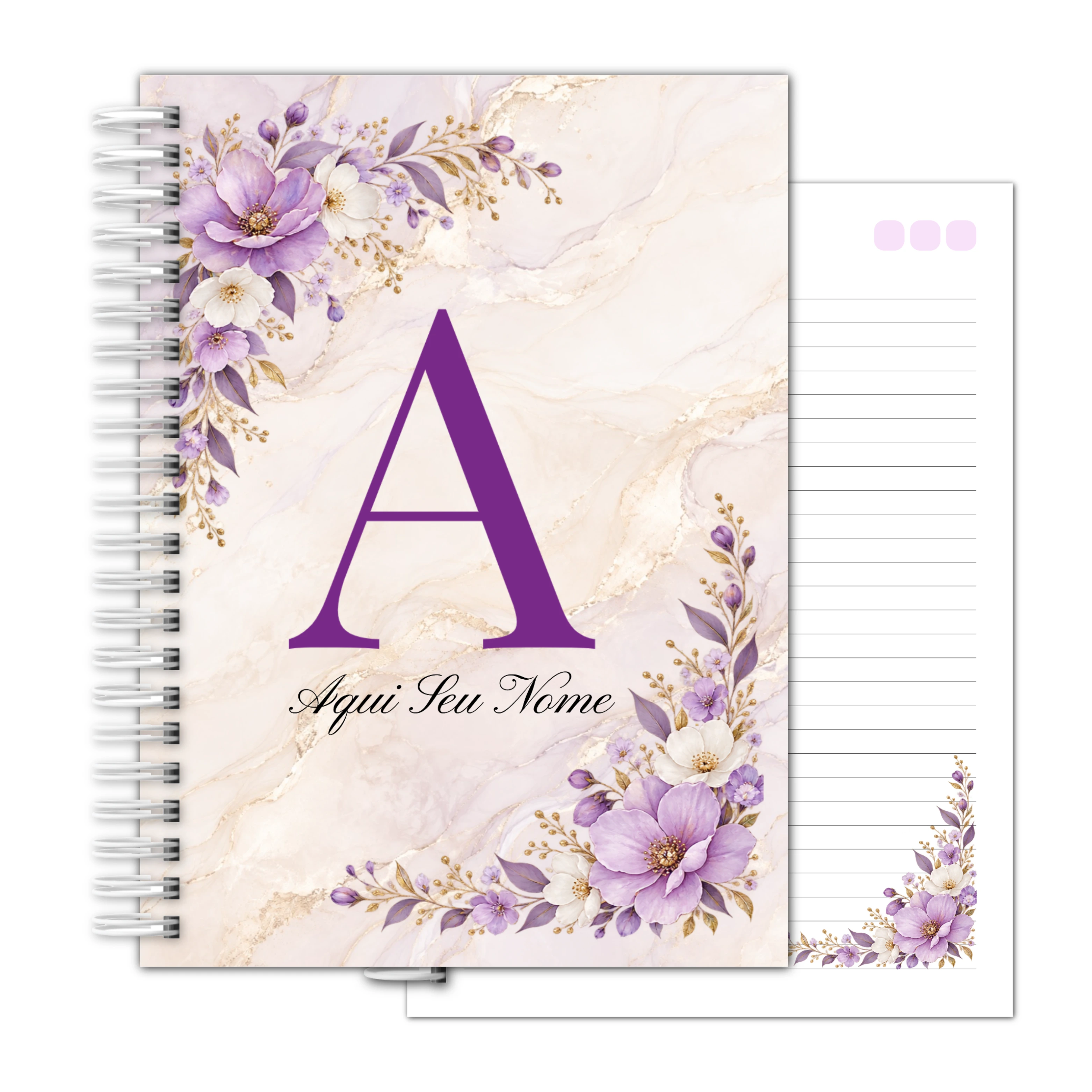 Caderno Universitário Personalizado Floral Lilás